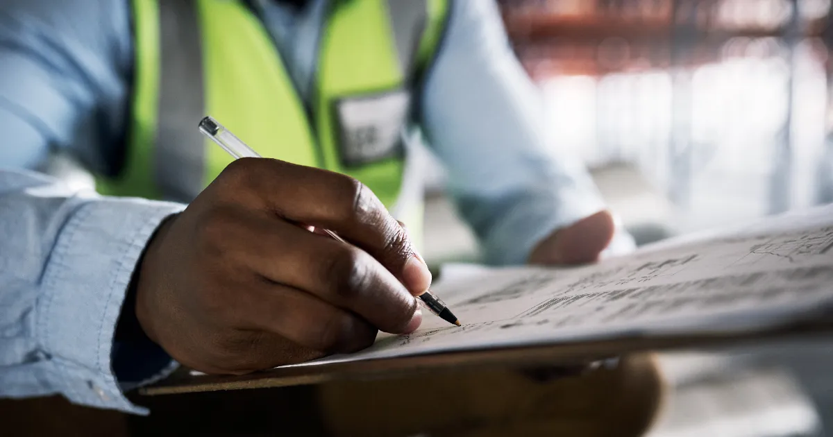 a construction professional filling out paperwork on a job site